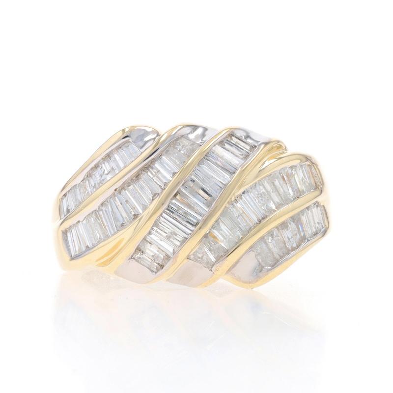 Size: 7 1/4

Metal Content: 10k Yellow Gold 10k White Gold

Stone Information

Natural Diamonds
Carat(s): 1.00ctw
Cut: Baguette
Color: G - H
Clarity: I1 - I2

Total Carats: 1.00ctw

Style: Cluster Bypass Cocktail Band

Measurements

Face Height