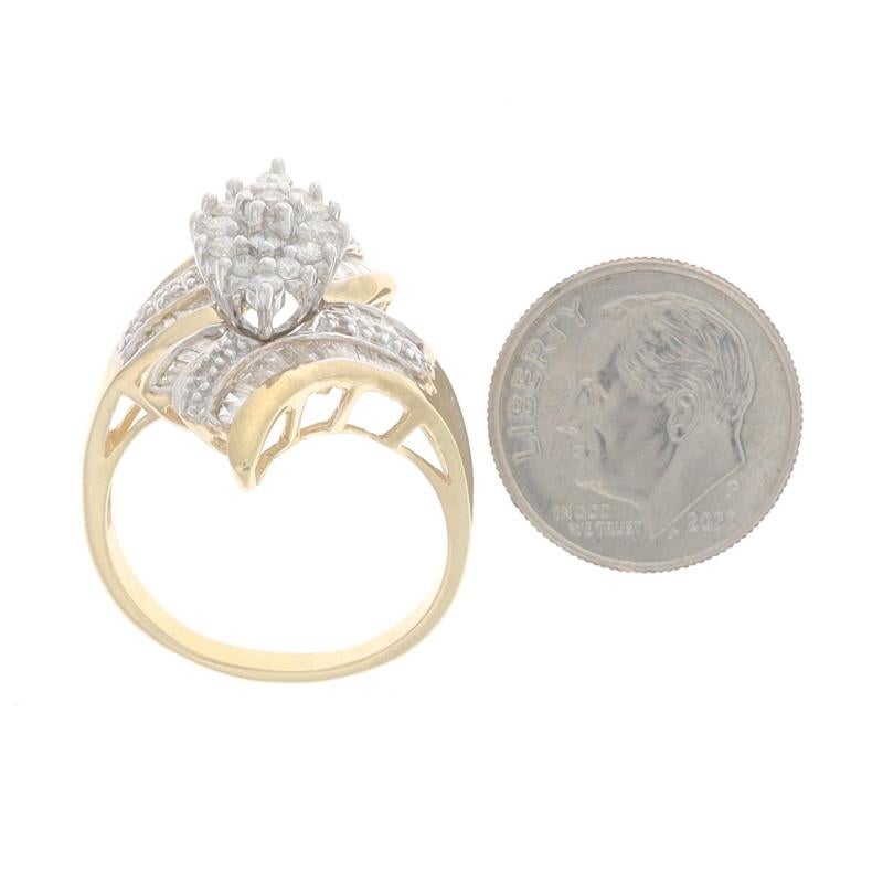 Yellow Gold Diamond Cluster Bypass Ring - 10k Round & Baguette 1.00ctw Ribbon In Excellent Condition In Greensboro, NC