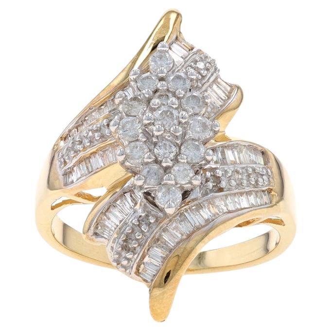 Yellow Gold Diamond Cluster Bypass Ring - 10k Round & Baguette 1.00ctw Ribbon For Sale