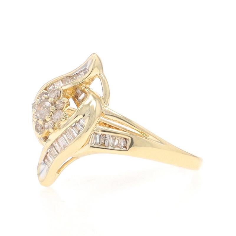 Yellow Gold Diamond Cluster Bypass Ring - 10k Round & Baguette .33ctw Floral In Excellent Condition For Sale In Greensboro, NC