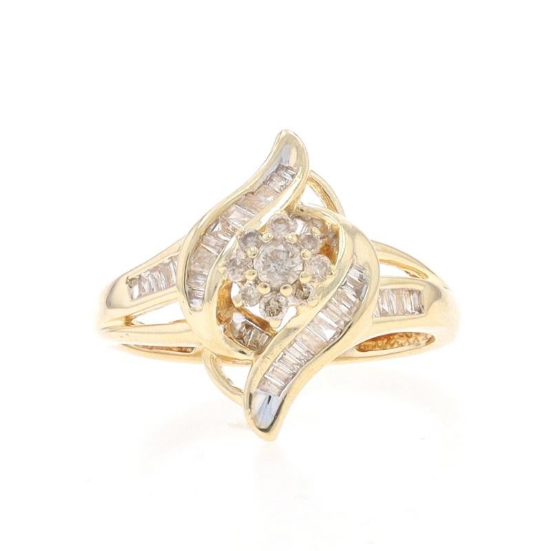 Yellow Gold Diamond Cluster Bypass Ring - 10k Round & Baguette .33ctw Floral For Sale