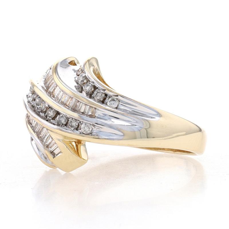 Baguette Cut Yellow Gold Diamond Cluster Bypass Ring - 10k Single & Baguette .60ctw Ribbon For Sale