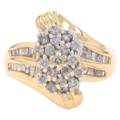Yellow Gold Diamond Cluster Bypass Ring - 14k Round Brilliant & Baguette 1.00ctw