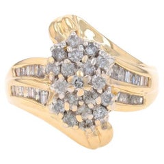 Yellow Gold Diamond Cluster Bypass Ring - 14k Round Brilliant & Baguette 1.00ctw