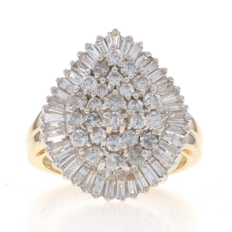 Size: 8
Sizing Fee: Up 2 sizes for $40 or Down 1 size for $40

Metal Content: 14k Yellow Gold & 14k White Gold

Stone Information
Natural Diamonds
Carat(s): 2.00ctw (carat stamp)
Cut: Round Brilliant & Baguette
Color: G - H
Clarity: I1 - I2 / SI1 -
