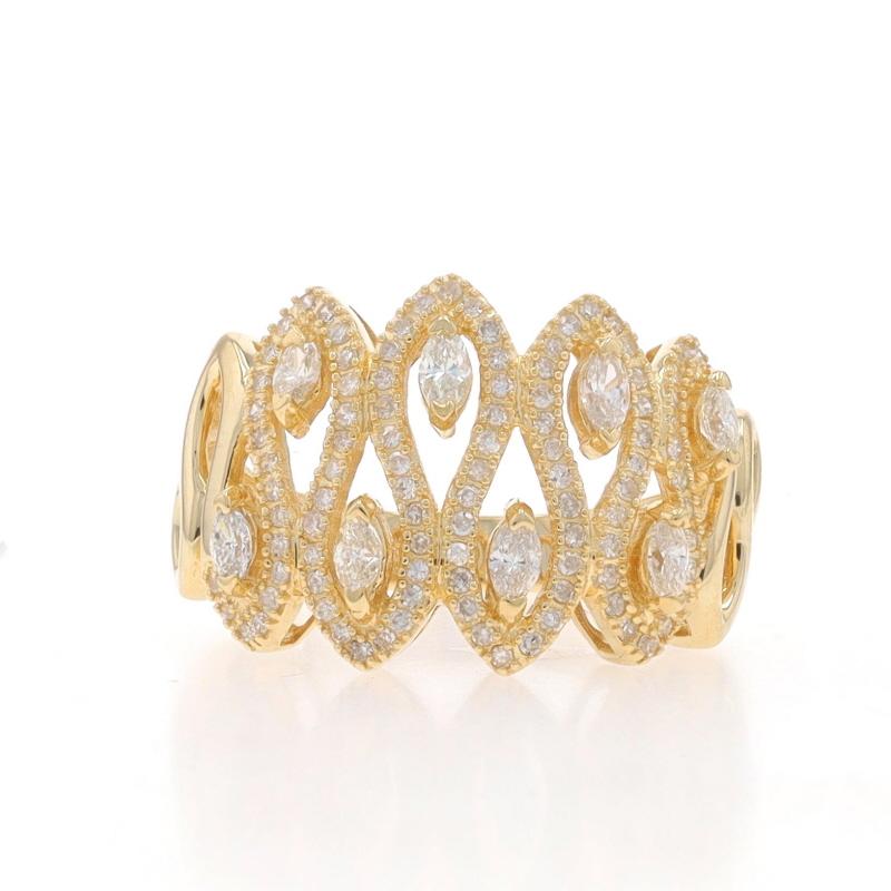 Size: 7
Sizing Fee: Up 2 sizes for $40 or Down 1 size for $30

Metal Content: 14k Yellow Gold

Stone Information
Natural Diamonds
Carat(s): .55ctw
Cut: Marquise & Single
Color: G - H
Clarity: VS1 - SI1

Total Carats: .55ctw

Style: Cluster Cocktail