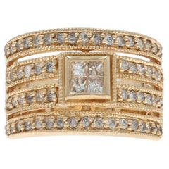 Yellow Gold Diamond Cluster Cocktail Band - 14k Round & Princess 1.00ctw Ring