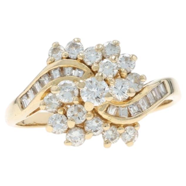 Yellow Gold Diamond Cluster Cocktail Bypass Ring -14k Rd Baguette 1.00ctw Floral