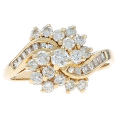 Yellow Gold Diamond Cluster Cocktail Bypass Ring -14k Rd Baguette 1.00ctw Floral