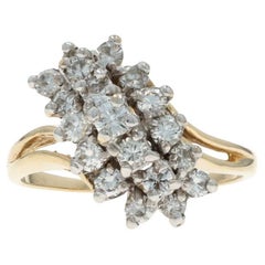 Yellow Gold Diamond Cluster Cocktail Bypass Ring - 14k Round 1.00ctw Waterfall