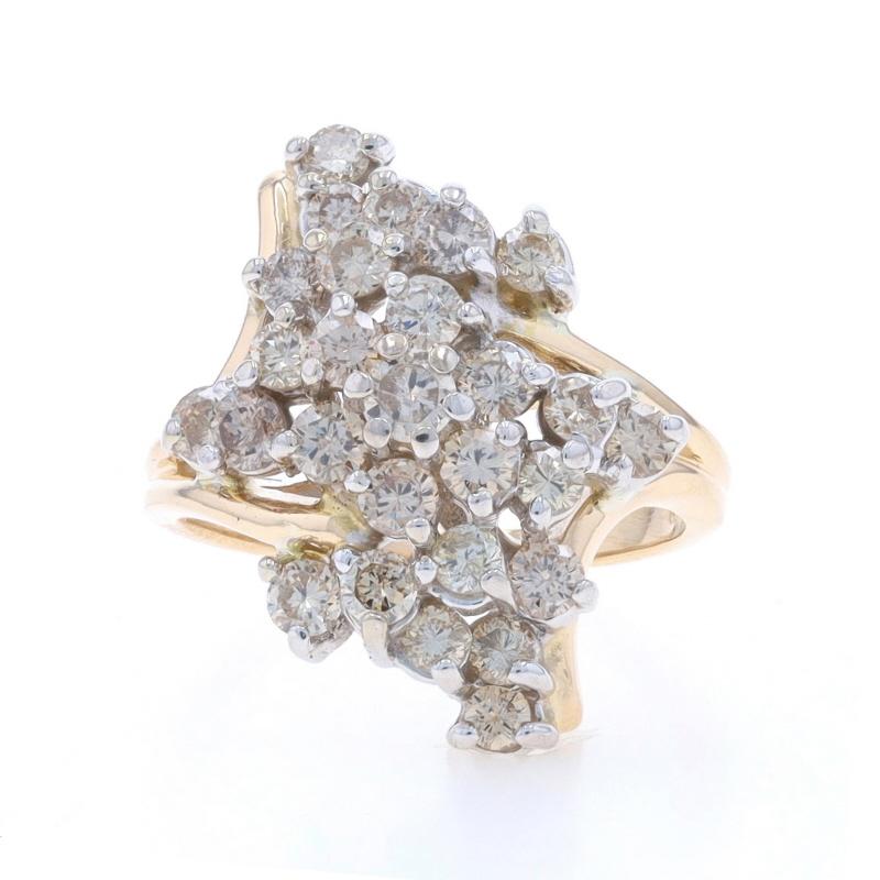 Size: 6 1/4
Sizing Fee: Up 3 sizes for $40 or Down 1 size for $30

Metal Content: 14k Yellow Gold & 14k White Gold

Stone Information

Natural Diamonds
Carat(s): 1.43ctw
Cut: Round Brilliant
Color: Champagne Brown
Clarity: SI1 - I1 (eyeclean)

Total