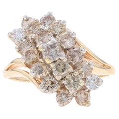 Yellow Gold Diamond Cluster Cocktail Bypass Ring - 14k Round 2.00ctw Waterfall