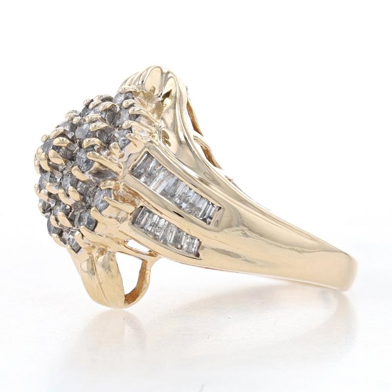 Round Cut Yellow Gold Diamond Cluster Cocktail Bypass Ring - 14k Round & Baguette 1.00ctw For Sale