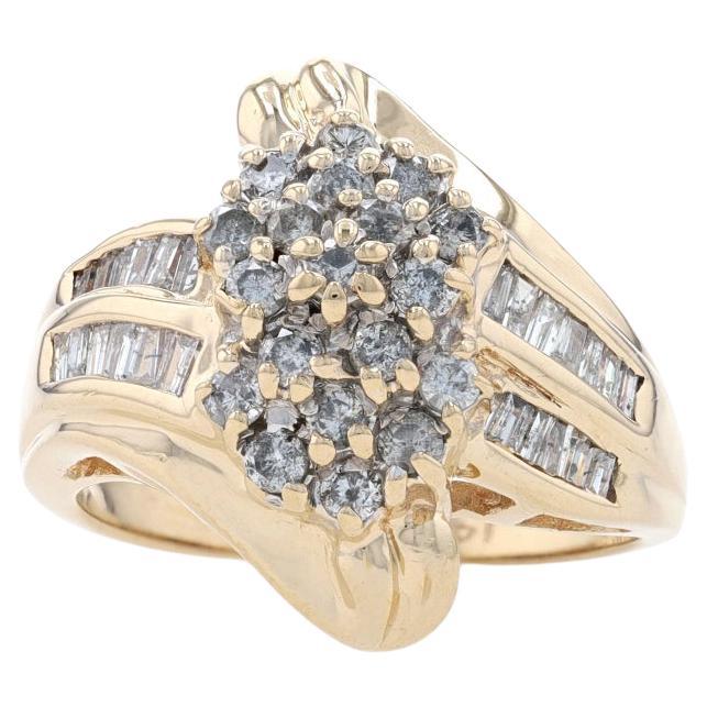 Yellow Gold Diamond Cluster Cocktail Bypass Ring - 14k Round & Baguette 1.00ctw For Sale