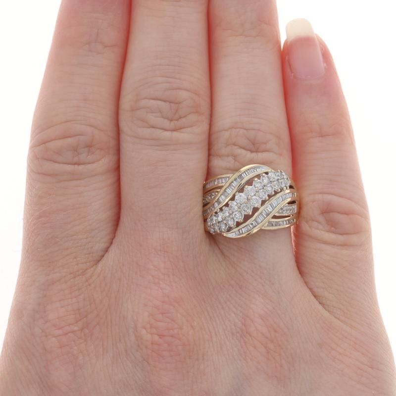 Round Cut Yellow Gold Diamond Cluster Cocktail Ring - 10k Round & Baguette 1.00ctw
