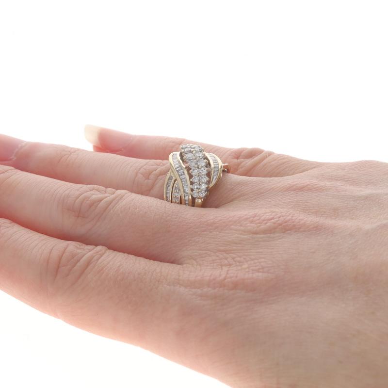 Women's Yellow Gold Diamond Cluster Cocktail Ring - 10k Round & Baguette 1.00ctw