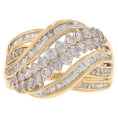Yellow Gold Diamond Cluster Cocktail Ring - 10k Round & Baguette 1.00ctw