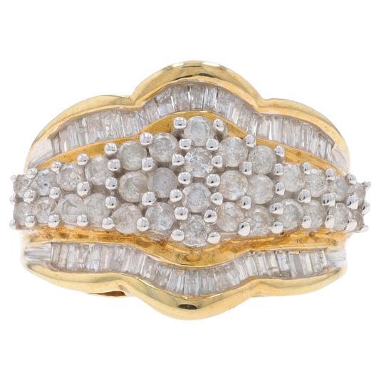 Yellow Gold Diamond Cluster Cocktail Ring 10k Round Brilliant & Baguette 1.30ctw