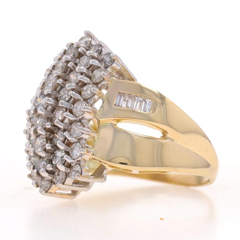Round Cut Yellow Gold Diamond Cluster Cocktail Ring 10k Round Brilliant & Baguette 2.00ctw For Sale