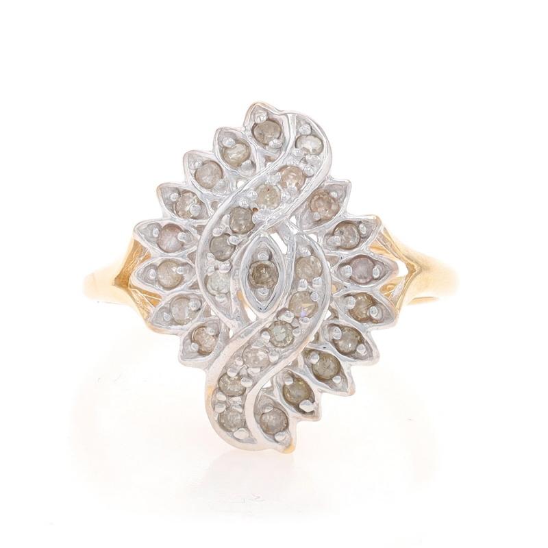 Size: 5
Sizing Fee: Up 1 1/2 sizes for $35 or Down 1 size for $35

Metal Content: 10k Yellow Gold & 10k White Gold

Stone Information

Natural Diamonds
Carat(s): .33ctw
Cut: Single
Color: J - K
Clarity: I2 - I3

Total Carats: .33ctw

Style: Cluster