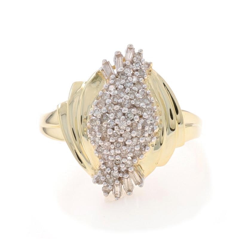 Size: 10
Sizing Fee: Up 2 sizes for $30 or Down 1 size for $30

Metal Content: 10k Yellow Gold & 10k White Gold

Stone Information

Natural Diamonds
Carat(s): .50ctw
Cut: Single & Baguette
Color: J - K
Clarity: VS1 - SI1

Total Carats: