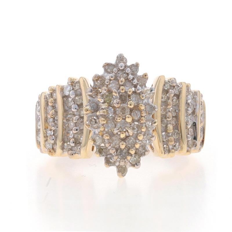 Size: 7 1/4
Sizing Fee: Up 2 1/2 sizes for $35 or Down 1 size for $35

Metal Content: 10k Yellow Gold & 10k White Gold

Stone Information

Natural Diamonds
Carat(s): .50ctw
Cut: Single
Color: Champagne Brown
Clarity: I1 - I2

Total Carats: