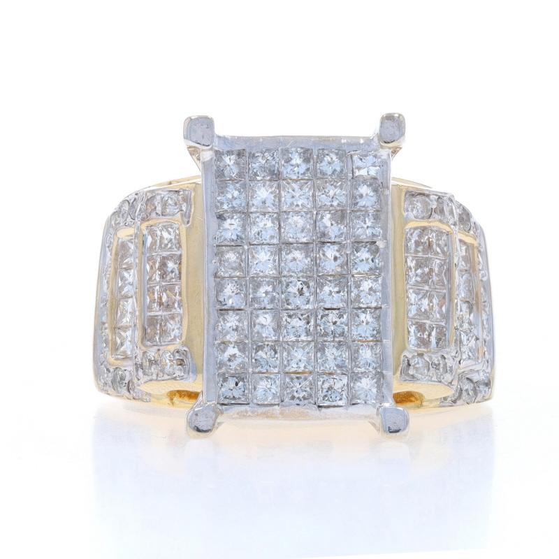 Size: 7 1/2

Metal Content: 14k Yellow Gold & 14k White Gold

Stone Information

Natural Diamonds
Carat(s): 3.00ctw
Cut: Princess & Round Brilliant
Color: G - H
Clarity: SI1 - I1

Total Carats: 3.00ctw

Style: Cluster Cocktail with Accents
Features:
