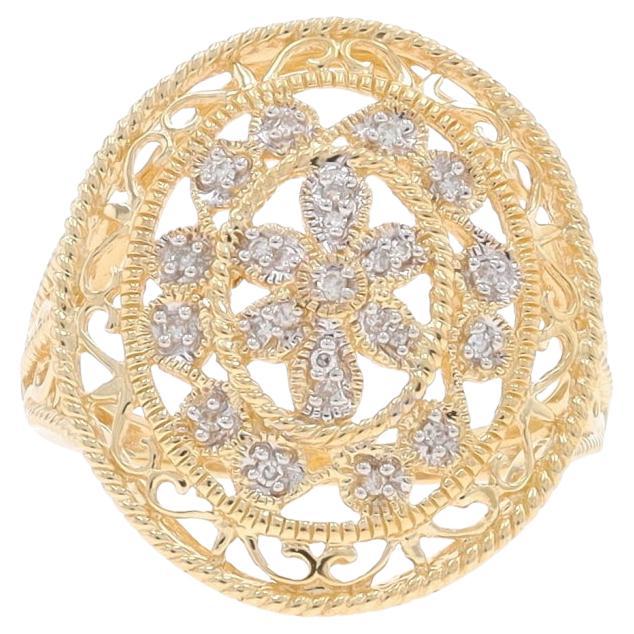 Yellow Gold Diamond Cluster Cocktail Ring - 14k Single .12ctw Flower Milgrain For Sale