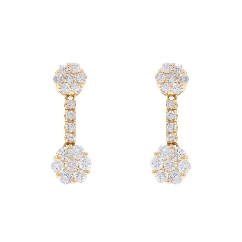 Metal Content: 14k Yellow Gold

Stone Information

Natural Diamonds
Carat(s): 2.00ctw
Cut: Round Brilliant
Color: G - H
Clarity: SI2 - I1

Total Carats: 2.00ctw

Style: Cluster Dangle
Fastening Type: Butterfly Closures
Theme: Flower