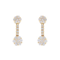 Yellow Gold Diamond Cluster Dangle Earrings - 14k Round 2.00ctw Flowers Pierced