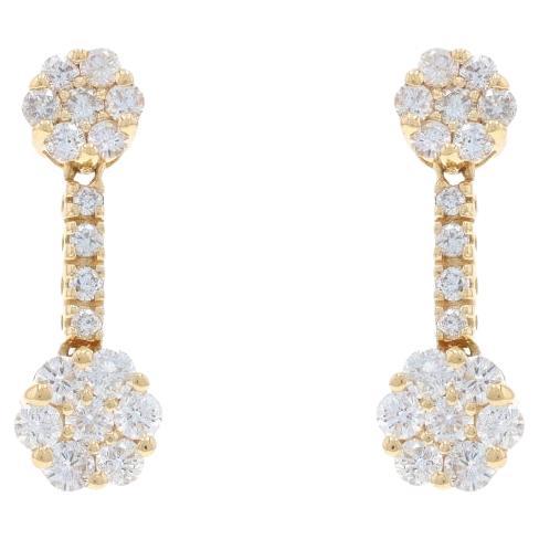 Yellow Gold Diamond Cluster Dangle Earrings - 14k Round 2.00ctw Flowers Pierced