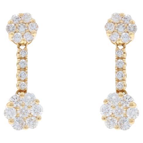 Yellow Gold Diamond Cluster Dangle Earrings - 14k Round 2.00ctw Flowers Pierced For Sale