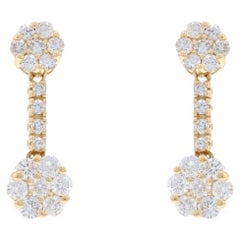 Yellow Gold Diamond Cluster Dangle Earrings - 14k Round 2.00ctw Flowers Pierced