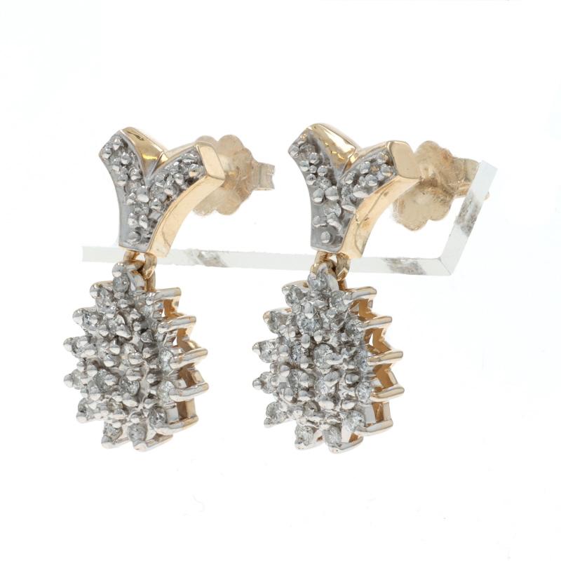 Taglio rotondo Yellow Gold Diamond Cluster Dangle Earrings - 14k Round Brilliant .50ctw Pierced in vendita