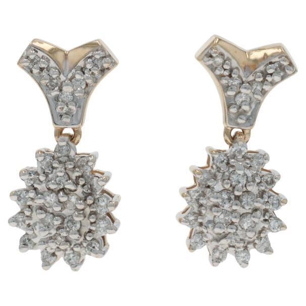 Yellow Gold Diamond Cluster Dangle Earrings - 14k Round Brilliant .50ctw Pierced