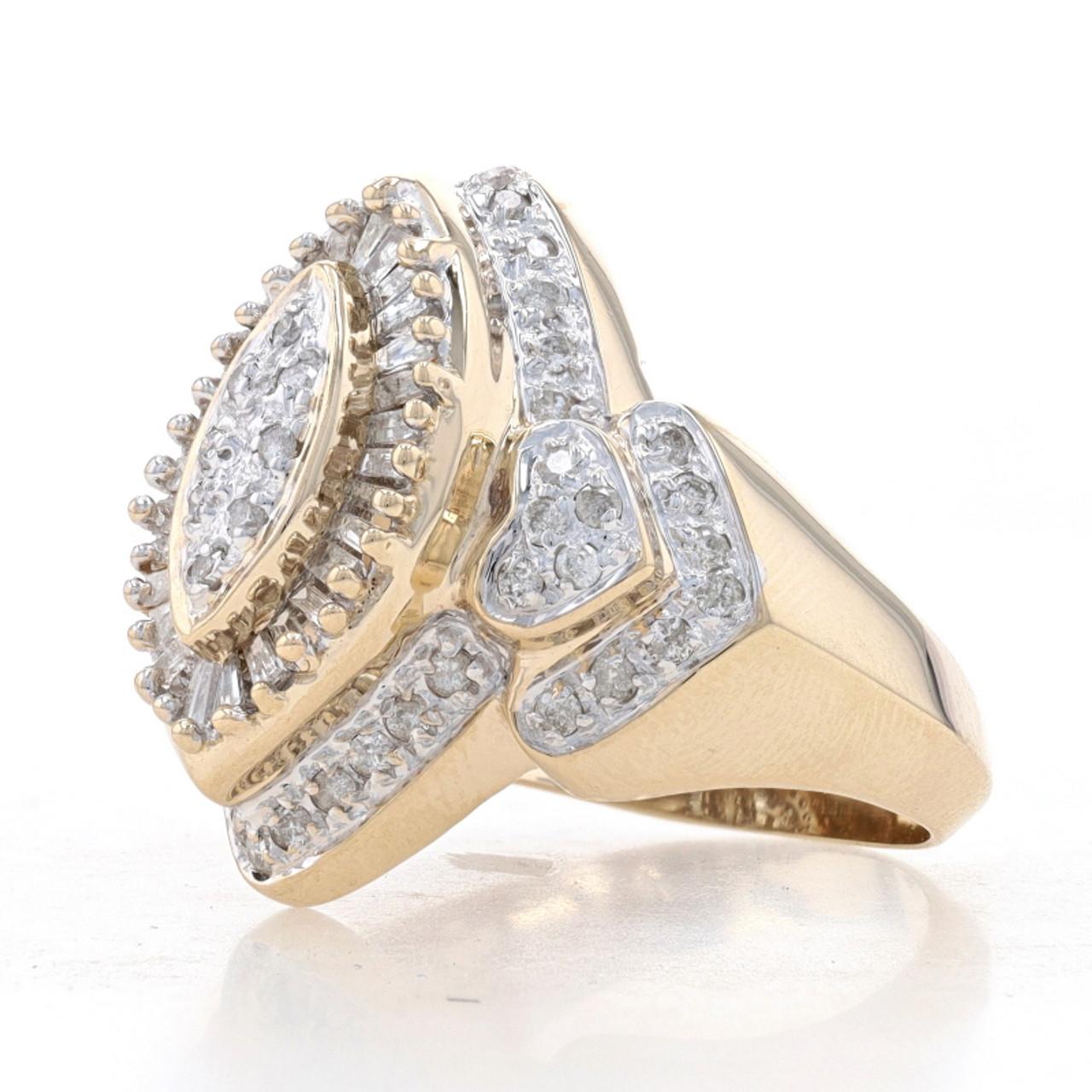 Round Cut Yellow Gold Diamond Cluster Double Halo Ring 10k Baguette &Rnd .50ctw Knife-Edge