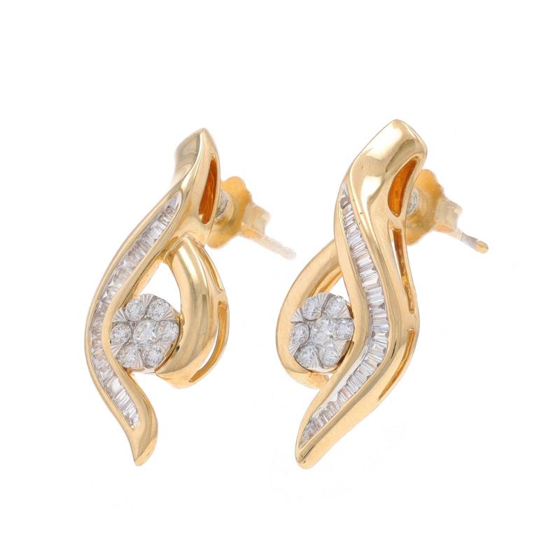 Round Cut Yellow Gold Diamond Cluster Drop Earrings - 14k Round & Baguette .50ctw Floral For Sale
