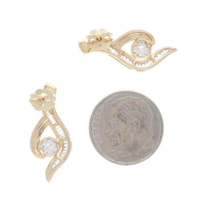 Yellow Gold Diamond Cluster Drop Earrings - 14k Round & Baguette .50ctw Floral In Excellent Condition For Sale In Greensboro, NC