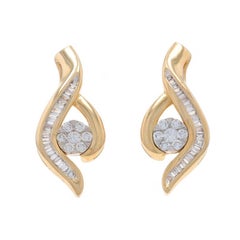 Yellow Gold Diamond Cluster Drop Earrings - 14k Round & Baguette .50ctw Floral