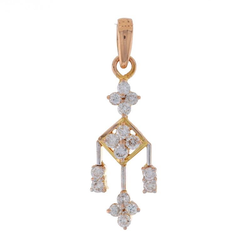 Metal Content: 18k Yellow Gold & 18k White Gold

Stone Information

Natural Diamonds
Carat(s): .80ctw
Cut: Round Brilliant
Color: I - J
Clarity: SI1 - SI2

Total Carats: .80ctw

Style: Cluster Drop

Measurements

Tall (from stationary bail): 1 3/16