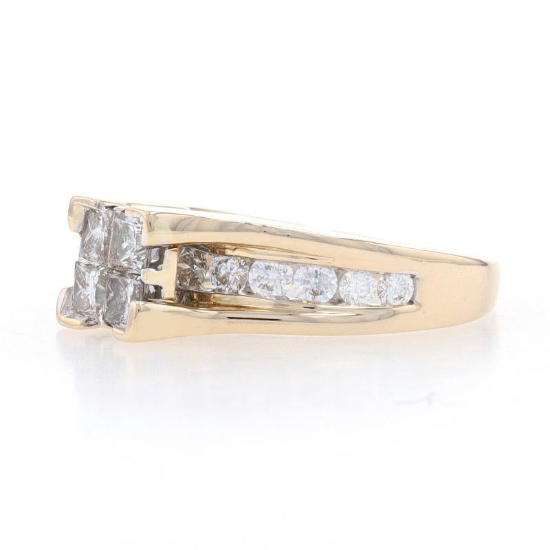 Princess Cut Yellow Gold Diamond Cluster Engagement Ring - 14k Princess & Round 1.00ctw For Sale