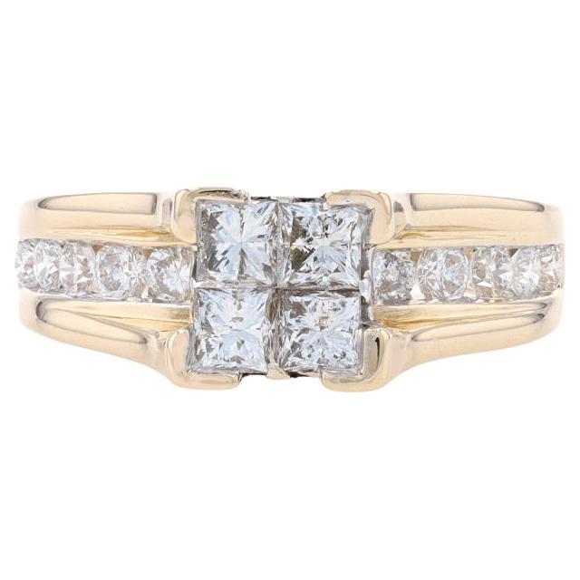 Yellow Gold Diamond Cluster Engagement Ring - 14k Princess & Round 1.00ctw For Sale