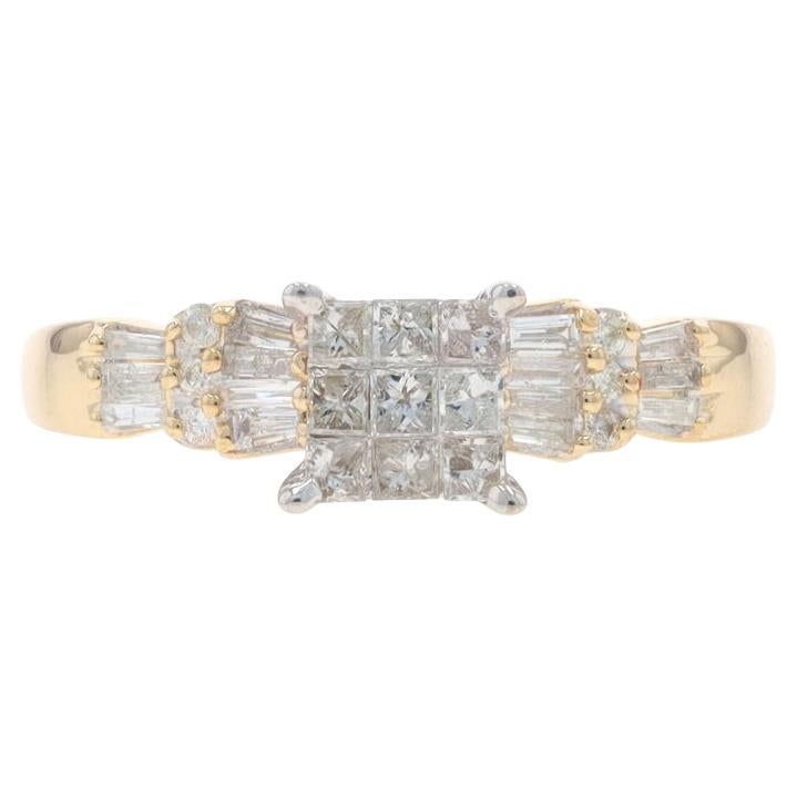 Yellow Gold Diamond Cluster Engagement Ring - 14k Princess Round Baguette .50ctw