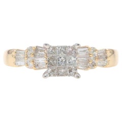 Yellow Gold Diamond Cluster Engagement Ring - 14k Princess Round Baguette .50ctw