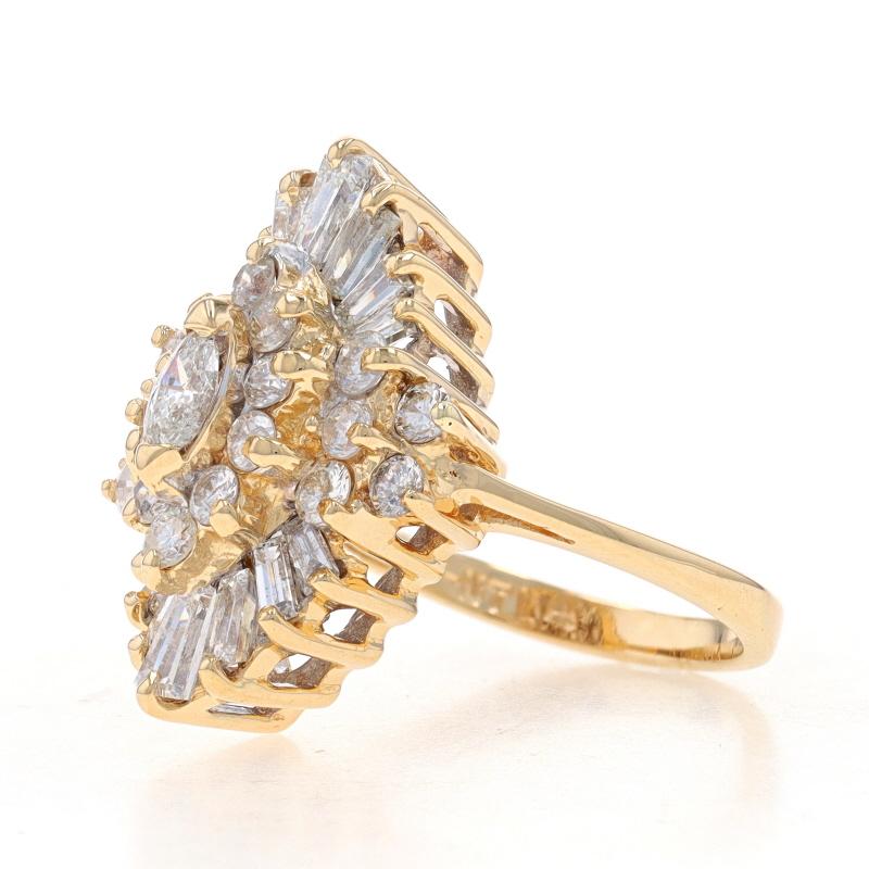 Baguette Cut Yellow Gold Diamond Cluster Halo Cocktail Ring 14k Marq, Rnd, & Baguette 2.00ctw