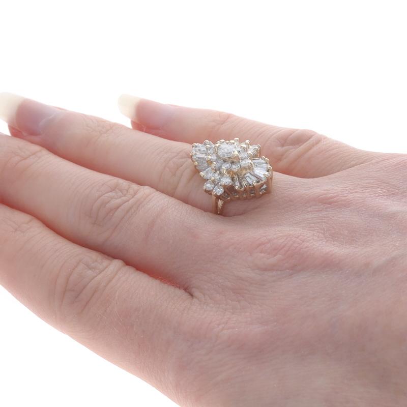 Yellow Gold Diamond Cluster Halo Cocktail Ring 14k Marq, Rnd, & Baguette 2.00ctw In Excellent Condition In Greensboro, NC