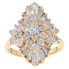 Yellow Gold Diamond Cluster Halo Cocktail Ring 14k Marq, Rnd, & Baguette 2.00ctw