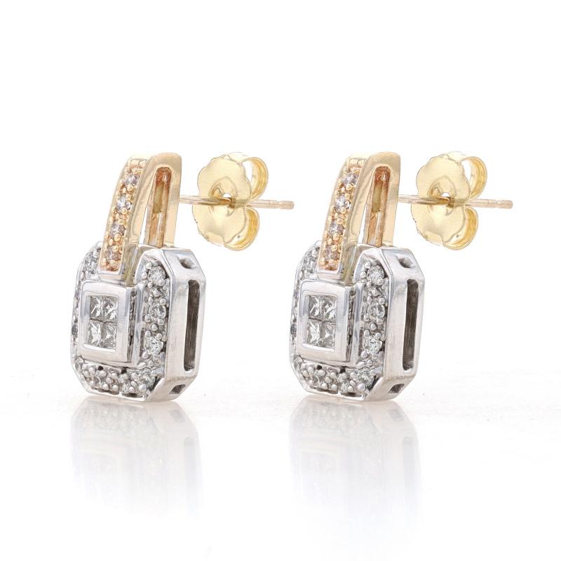 Princess Cut Yellow Gold Diamond Cluster Halo Drop Earrings - 14k Princess .60ctw Pierced For Sale