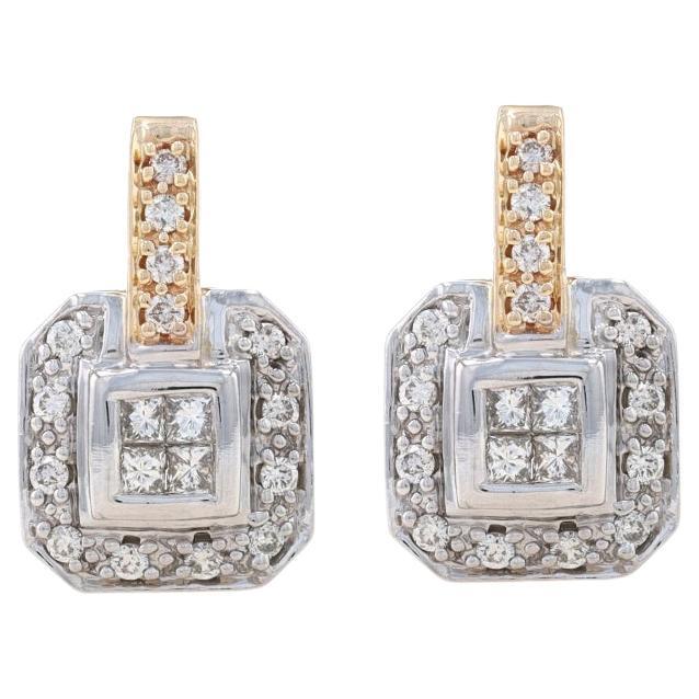 Yellow Gold Diamond Cluster Halo Drop Earrings - 14k Princess .60ctw Pierced For Sale