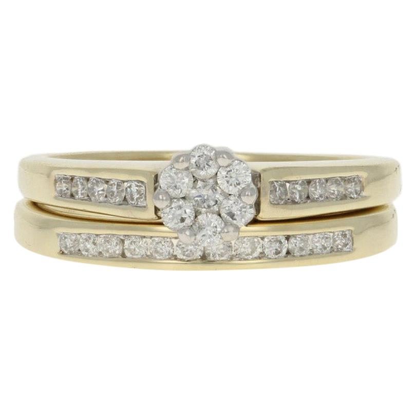 For Sale:  Yellow Gold Diamond Cluster Halo Engagement Ring & Wedding Band 10k Round 1/2ctw